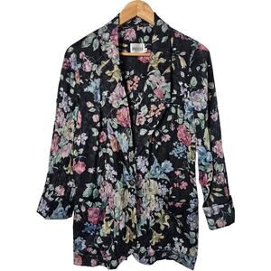 Vintage Leslie Fay Floral Blazer Womens Sz 8 Black Cottage Preppy 90s Whimsygoth